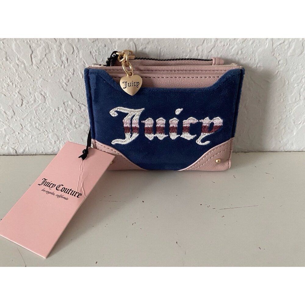 Juicy Couture Retro Vibe Bifold Wallet Pull Out Card Case Regal Blue Velour NEW